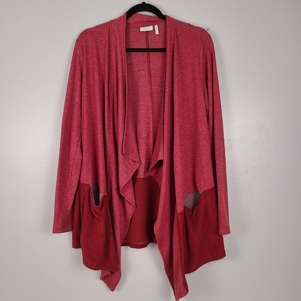 QVC LOGO Loungewear Red Open Front Waterfall Mixed Fabric Cardigan With Pockets